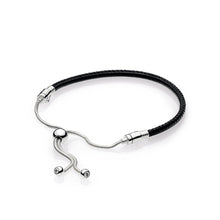Carica l'immagine nel visualizzatore di Gallery, Original 925 Silver Charm Sliding Sliding Golden Tan Black Leather Bracelet, Clear CZ High Quality Leather Female Charm Bracelet