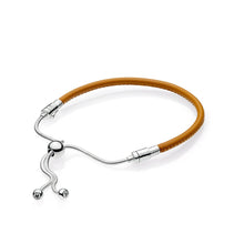 Carica l'immagine nel visualizzatore di Gallery, Original 925 Silver Charm Sliding Sliding Golden Tan Black Leather Bracelet, Clear CZ High Quality Leather Female Charm Bracelet