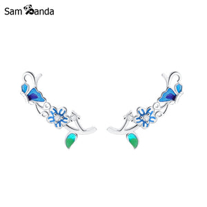 Original 925 Sterling Silver Stud Earrings CZ Vintage Ethnic Natural Flower And Butterfly Silver Buckle Earrings Women Brincos