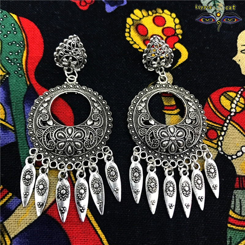 Original Design Morocco India Gypsy Long Ear Studs Tassels Big Earrings National Handmade Ancient Silver Jewelry Bohemia