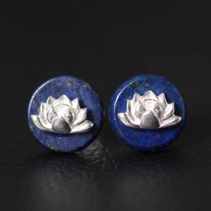Original Design Real 925 Sterling Silver Stud Earrings Natural Lapis Inlaid Lotus Handmade Folk Style Women Jewelry