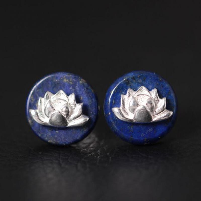 Original Design Real 925 Sterling Silver Stud Earrings Natural Lapis Inlaid Lotus Handmade Folk Style Women Jewelry