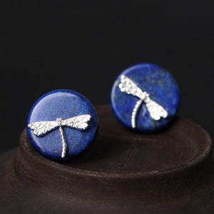 Original Design Real 925 Sterling Silver Stud Earrings With Dragonfly Folk Style Handmade Natural Lapis Lazuli Earrings