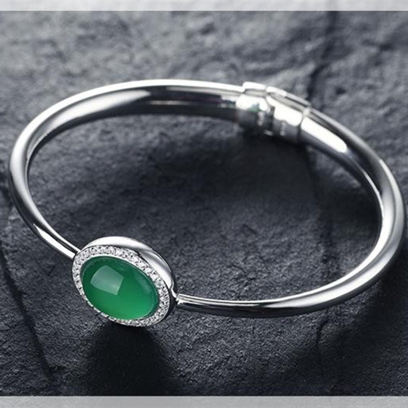 Original Handmade Real 990 Silver Bangle&Blacelet For Women,Green Jade With AAA CZ Adjustable Bangle For Wholesale