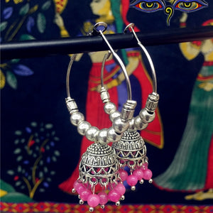 Original India Arabia handmade Ancient Silver Birdcage Earrings BOHO Wind Pink Beads Circle DIY Big Earrings Sweet Retro Jewelry