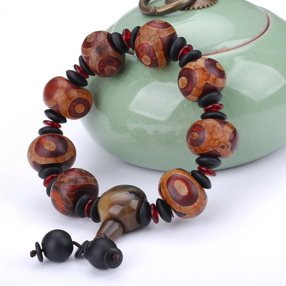 Original Three Eyes Dzi With Black Stone Spacer Bracelet Vintage Ethnic Sytle Tibet Bracelet Beautiful Bracelet Men Jade Gift