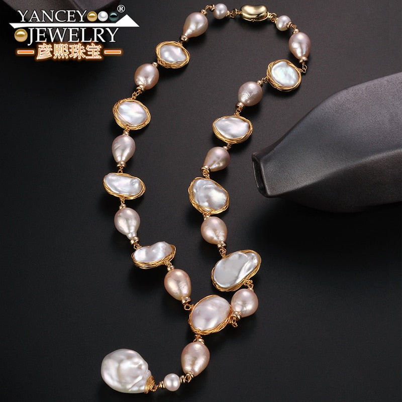 Original design G9K gold Baroque big Pearl Long Necklace sweater chain Fine Pendant Necklace for women and girl, High-end luxury