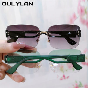 Oulylan Rectangular Frameless Sunglasses Women 2023  Gradient Green Sun Glasses Ladies Design Hollow Temples Eyewear UV400