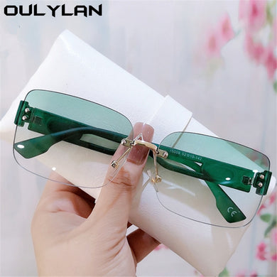 Oulylan Rectangular Frameless Sunglasses Women 2023  Gradient Green Sun Glasses Ladies Design Hollow Temples Eyewear UV400