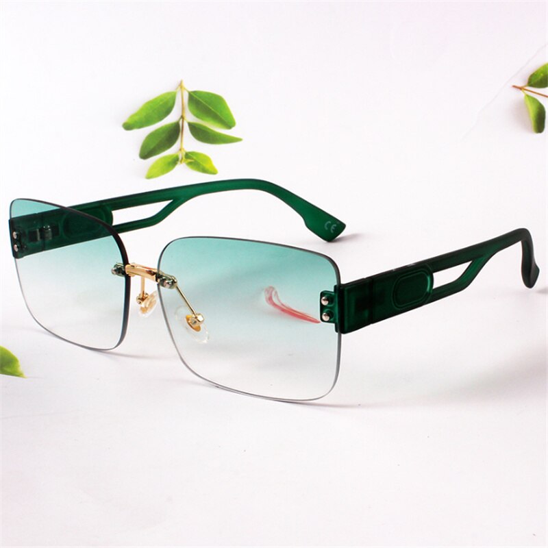 Oulylan Rectangular Frameless Sunglasses Women 2023  Gradient Green Sun Glasses Ladies Design Hollow Temples Eyewear UV400