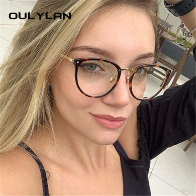 Oulylan Transparent Cat Eye Glasses Frames Women Fashionable   Fake Eyeglasses Metal Optical Frame for Womens