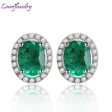 Oval 6x8mm Solid 14Kt White Gold Diamond Emerald Earrings Studs Emerald Fashion Earrings Jewelry In 585 White Gold E0053