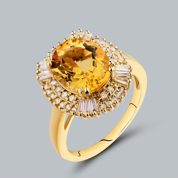 Anello ovale 9x11mm in oro giallo 14kt con diamante giallo citrino naturale, anello con diamante baguette per donna SR0002 