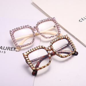 Oversize Square Rhinestone Glasses Women  Brand Designer Diamond Frames Spectacles Anti Blue Light Transparent Eyewear