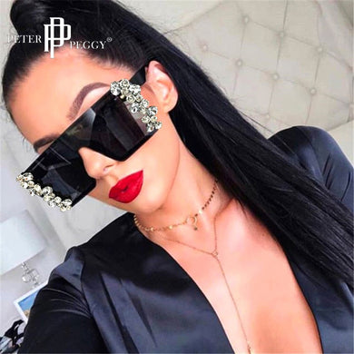Oversized Diamond Square Sunglasses Women  Brand vintage Flat Top Pink Black Rhinestone One Piece Men Gafas Shades UV400
