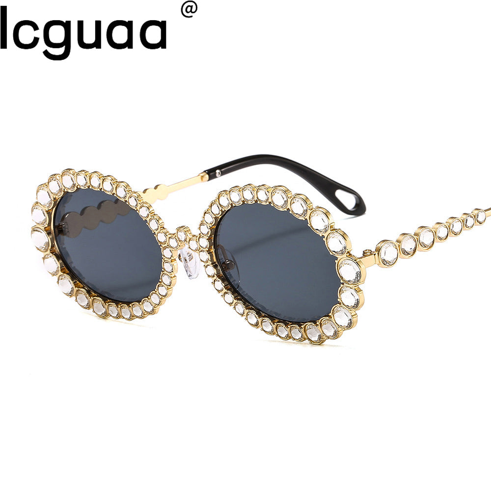 Oversized Female Round Diamond Decro Shades 2023 Brand Desinger Big Frame Oval Black Bling Crystal Dazzling Sunglasses