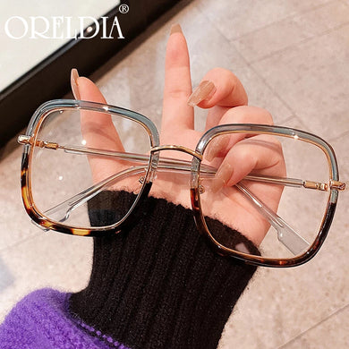 Oversized Glasses Blue Leopard Print Large Frame Flat Glasses Ladies Transparent Glasses Frame Can Wear Myopia Glasses