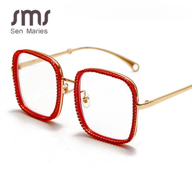 Oversized Square Glasses Frames Women 2023 Vintage Diamond Sunglasses Red Blue Crystal Chain Glasses Female Eyewear