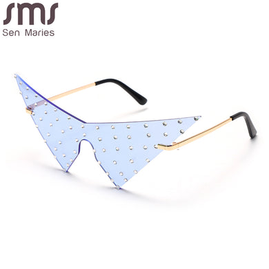 Oversized Triangle One Piece Women Sunglasses Vintage Rimless Eyewear Men Cat Eye Sun Glasses Shiny Rhinestone Shades