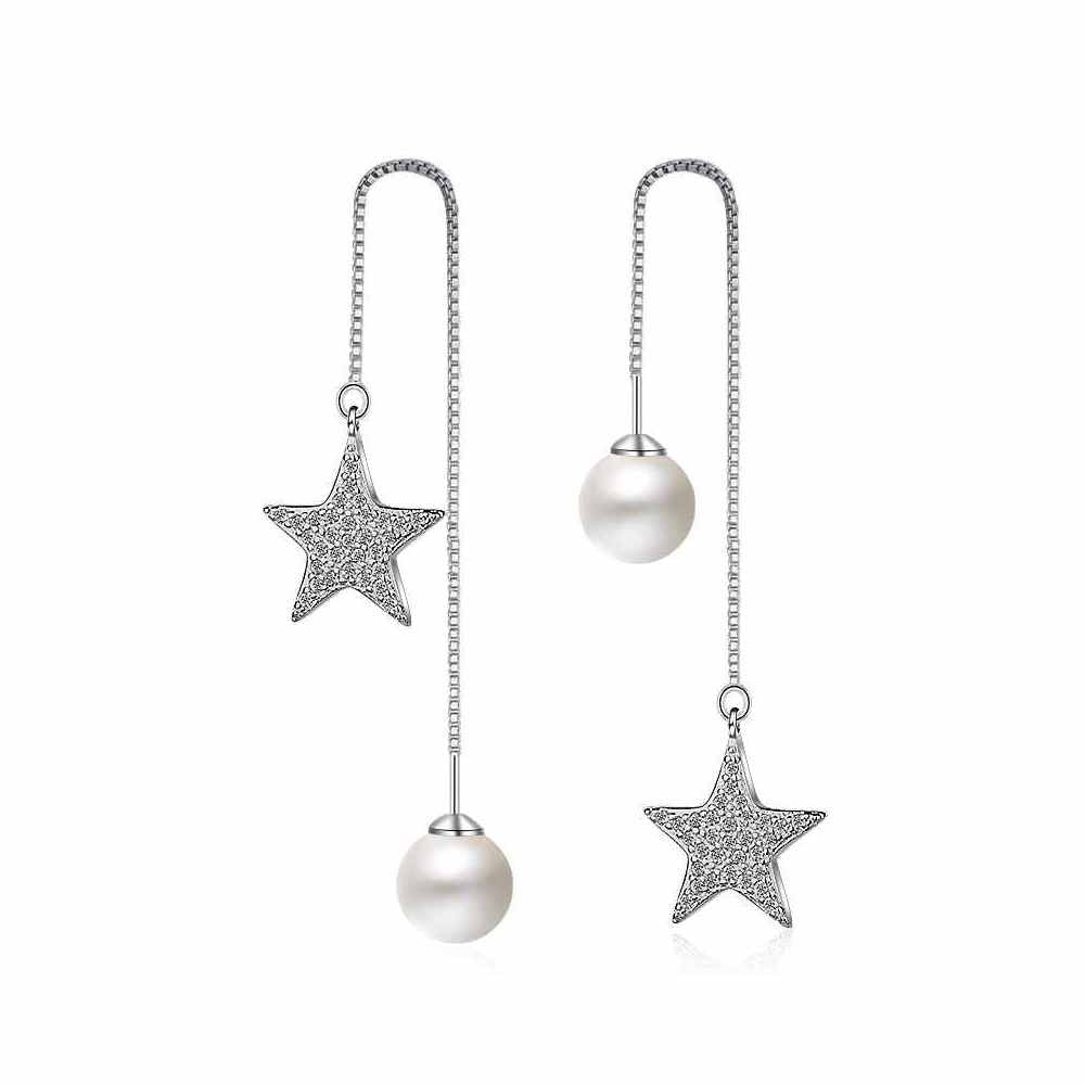 925 Sterling Silver Long Chain Earrings For Women Punk AAA Cubic Zirconia Drop Star Pearl Earrings Fashion Jewelry Gifts