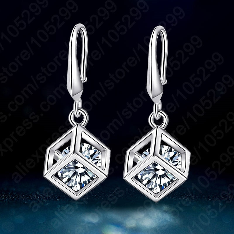New Arrival Happy Cube 925 Sterling Silver Inside White Cubic Zirconia Square Hook Earring Women Fashion Accessory