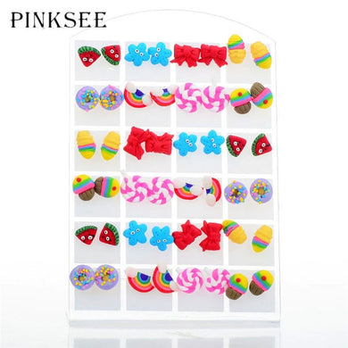 24pairs Kid Children Cartoon Fimo Polymer Cl Stud Earrings Animal Star Aretes Fruit Plant Ear Studs Jewelry Gift