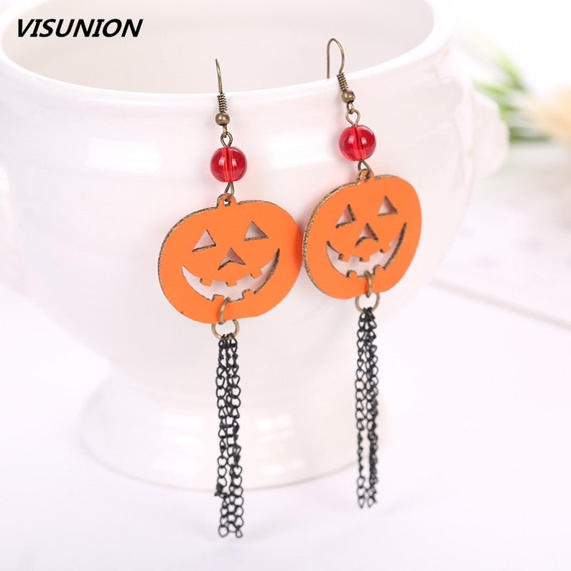 PU Leather Cartoon Pumpkin Earrings Halloween Festival Fashion Jewelry Drop Dangle Tassel Gift Laser Cut