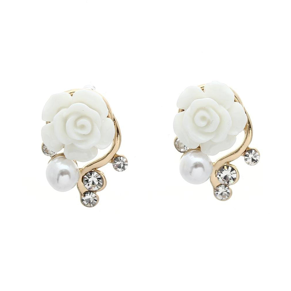 Pair Women Earring Stud Cute White Resin Rose Flower Shiny Rhinestone Faux Pearl