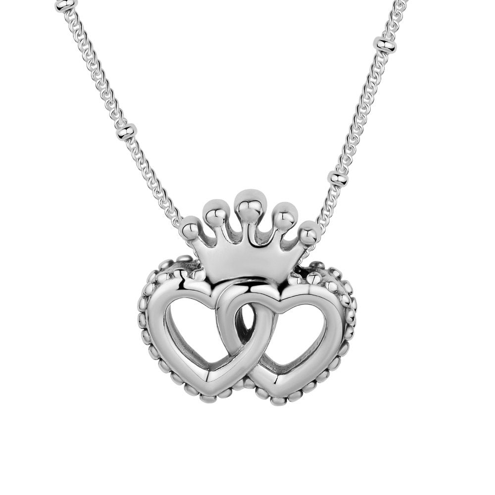 Interlocked Crown Hearts Necklace & Pendant 925 Sterling Silver Jewelry Women DIY Necklace Fit For Beads Fashion