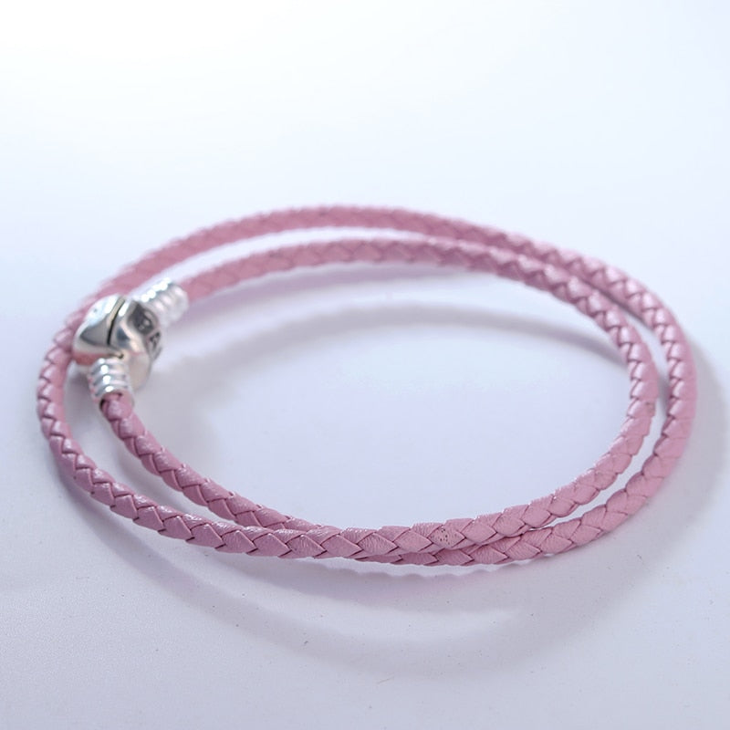 Light Pink Leather Bracelet 2016 New Original 925 Sterling Silver Starter Bracelets fine Silver DIY Jewelry