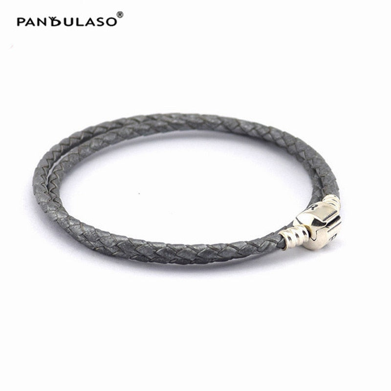 Silver Grey Leather Bracelets With Classic Logo Clasp Fashion DIY Silver Jewelry for Women Charms Rope Bracelets