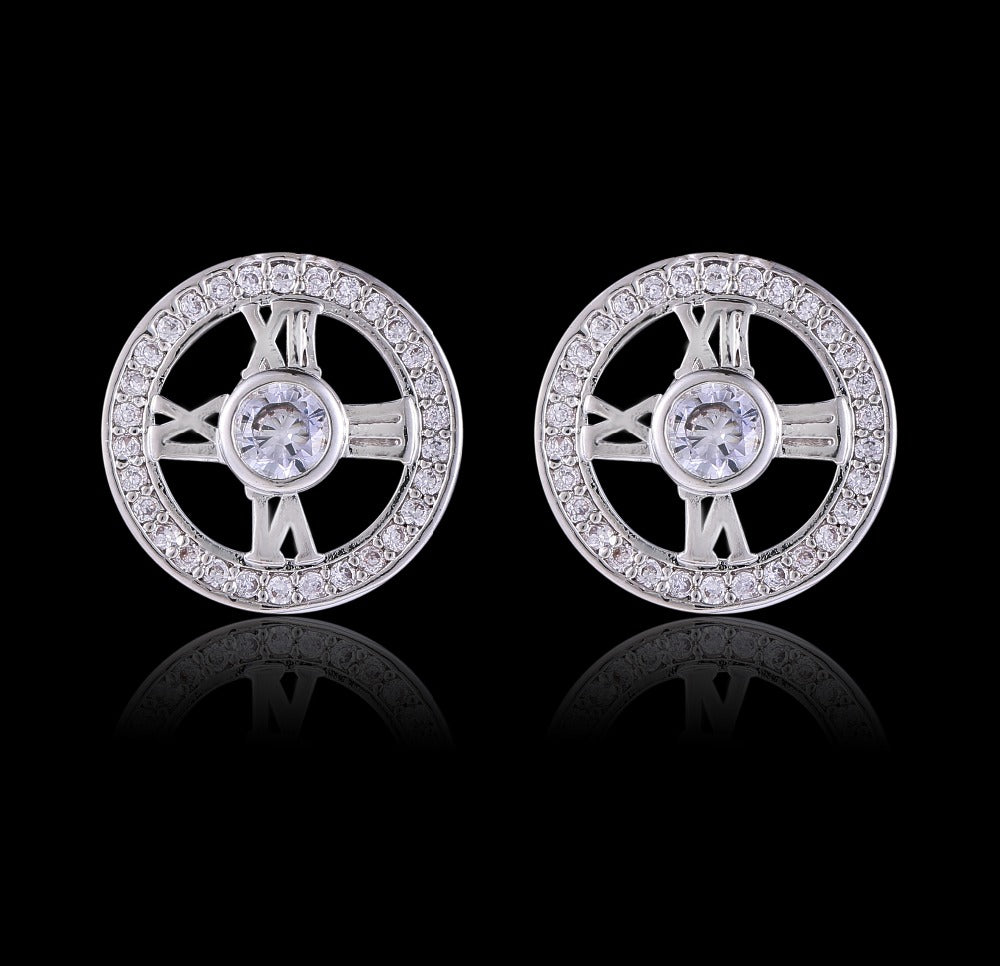 Pave setting Plated Silver Time Earring For Women CZ crystal jewelry Party Accessories small round ear jewelry