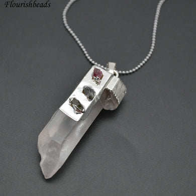 Paved Stone Chips Beads Natural Crystal Quartz Stone Pillar Pendant Necklace Fashion Jewerly