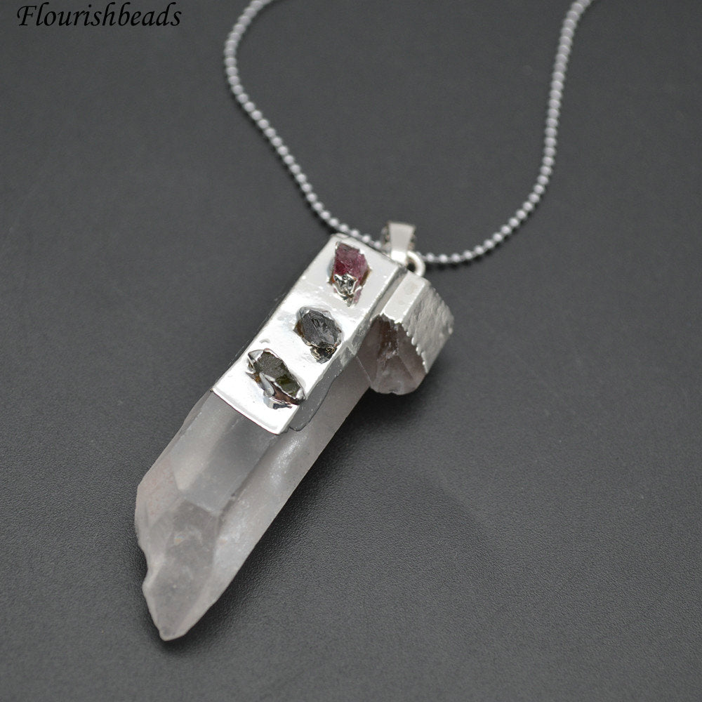 Paved Stone Chips Beads Natural Crystal Quartz Stone Pillar Pendant Necklace Fashion Jewerly