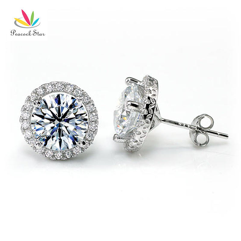 Halo Stud Earrings Solid 925 Sterling Silver 4 Carat Round Cut Bridal Bridesmaid Jewelry CFE8102