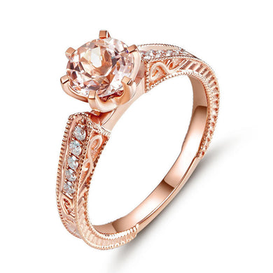 Vintage Style 14K Rose Gold 6 Claws Prong Engagement Ring 1.2 Ct Peach Morganite 0.13 Ct Natural Diamonds