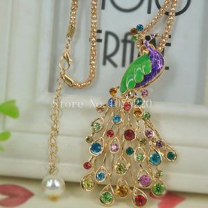 Peacock Sweater Bead Necklace Jewelry Crystal Women Long Necklace Pendants Rhinestone Chain Christmas Valentine's Gift