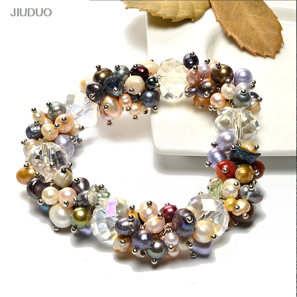 Pearl silver bracelet Colorful crystals and natural pearls barcelets siver 925 for women 925 sterling silver jewelry