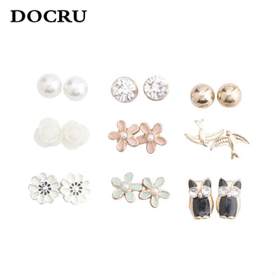 Pearly Flower Owl Earrings 9 pairs of earrings earring combination women