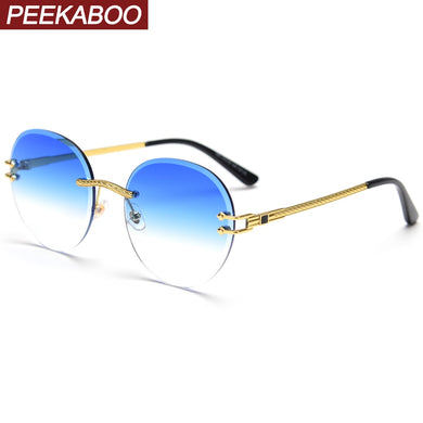 Peekaboo metal gold rimless glasses for men frameless gradient lens round sunglasses women blue brown uv400 2023 spring hinge