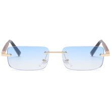 Load image into Gallery viewer, Peekaboo tinted rimless rectangular sunglasses retro blue brown imitated wood frame frameless women glasses for men uv400