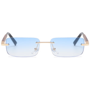 Peekaboo tinted rimless rectangular sunglasses retro blue brown imitated wood frame frameless women glasses for men uv400