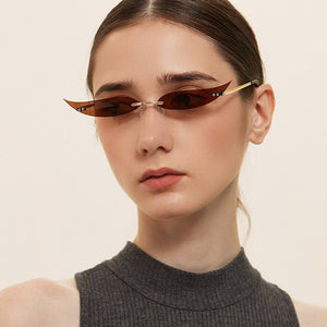Peekaboo women gold metal sunglasses frameless narrow party accessories rimless 2023 ladies sun glasses cat eye green red sexy