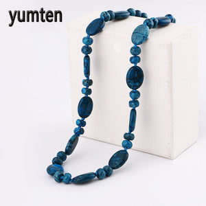 Pendant Stone Necklace For Women Vintage Turquoise Plated Jewelry Stone Beads Mode-Statement Chain Green Stone Beads Necklace
