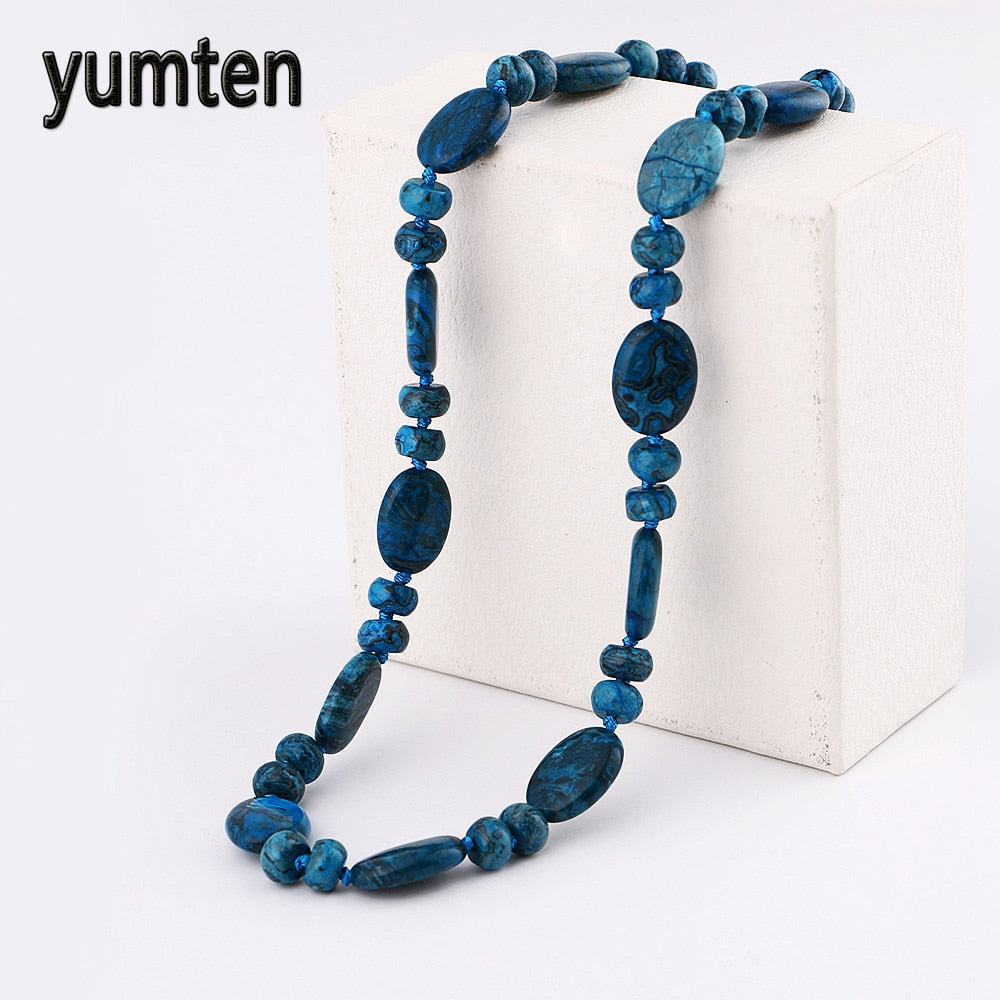 Pendant Stone Necklace For Women Vintage Turquoise Plated Jewelry Stone Beads Mode-Statement Chain Green Stone Beads Necklace