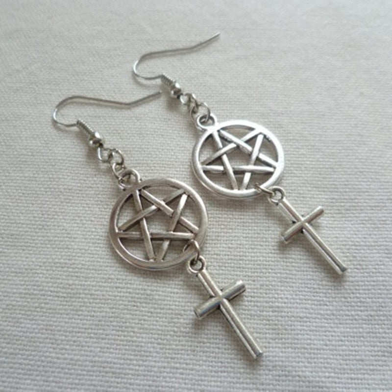 Pentagram and Cross,wiccan Jewelry,cross Earrings,pentagram Jewellery,pagan