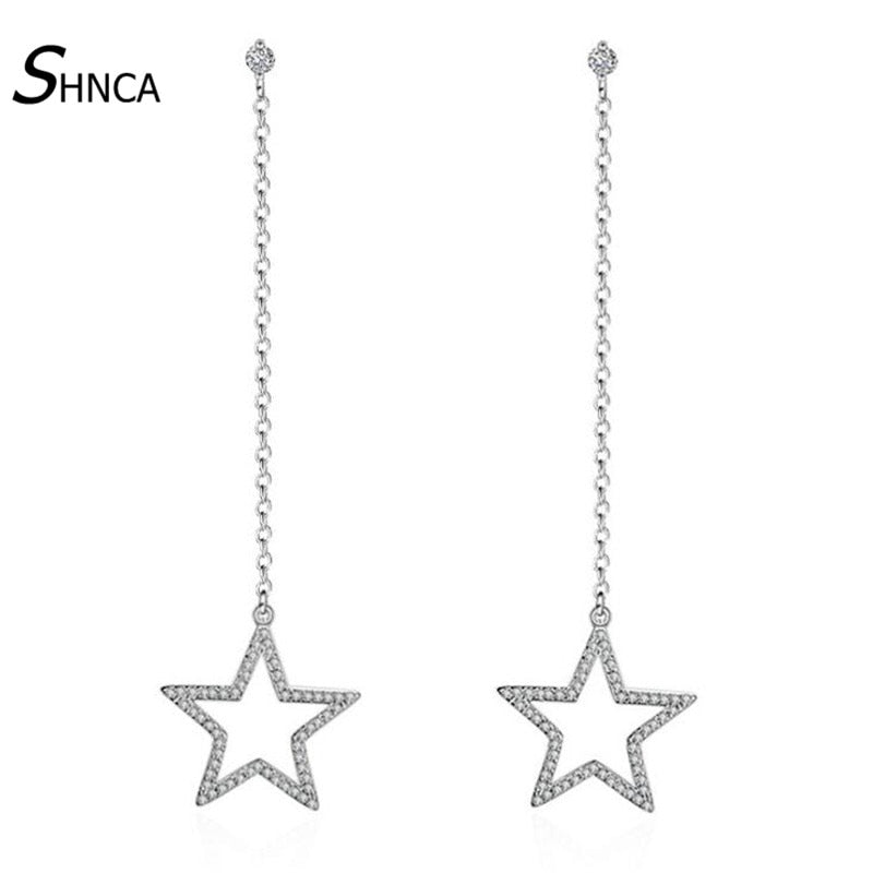 Personality Office Style Long Tassel Earrings 925 Sterling Silver Pentagram Star Earrings For Women Lady Gift Pendientes E146