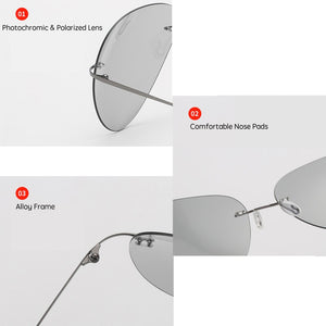 Pochromic Rimless Polarized Light Sunglasses Titanium Arm Chameleon Discoloration Sun glasses for men women aviation square