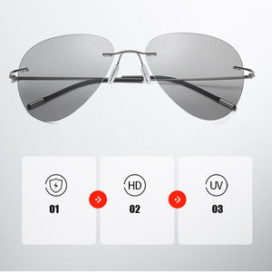 Pochromic Rimless Polarized Light Sunglasses Titanium Arm Chameleon Discoloration Sun glasses for men women aviation square