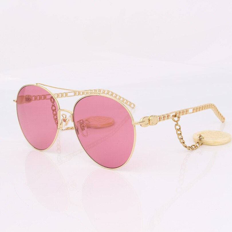 Pilot frame pink lenses sunglasses women chain style with ivory Interlocking charms